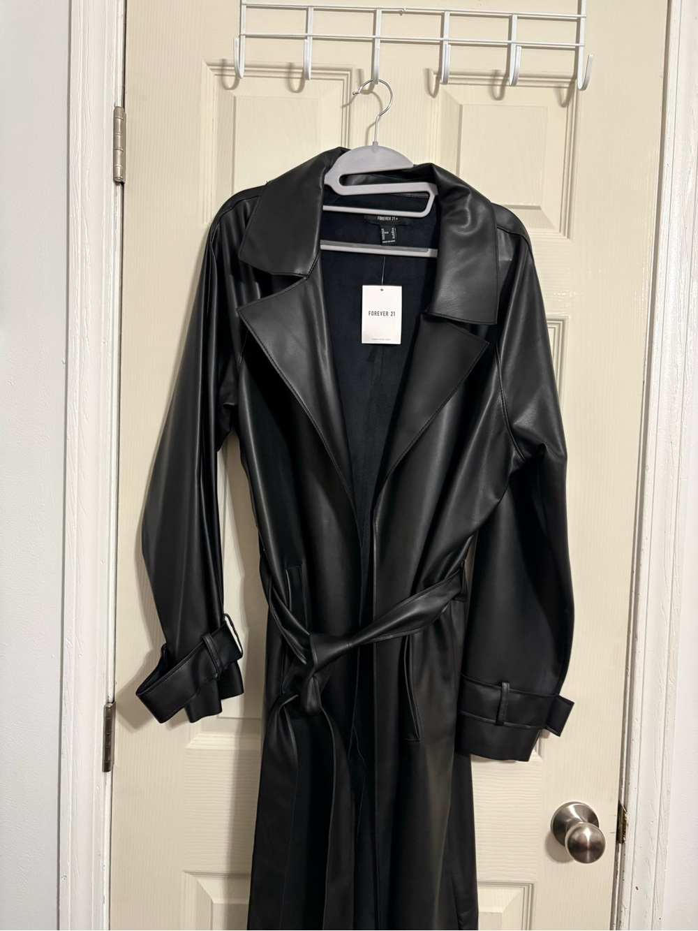 Forever 21 Black Faux Leather Trench Coat with Belt